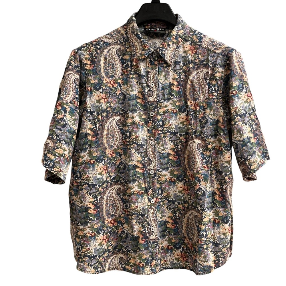 Vintage Citicraze Top Women 1X Blue Floral Paisley Button Down Shirt Cottagecore